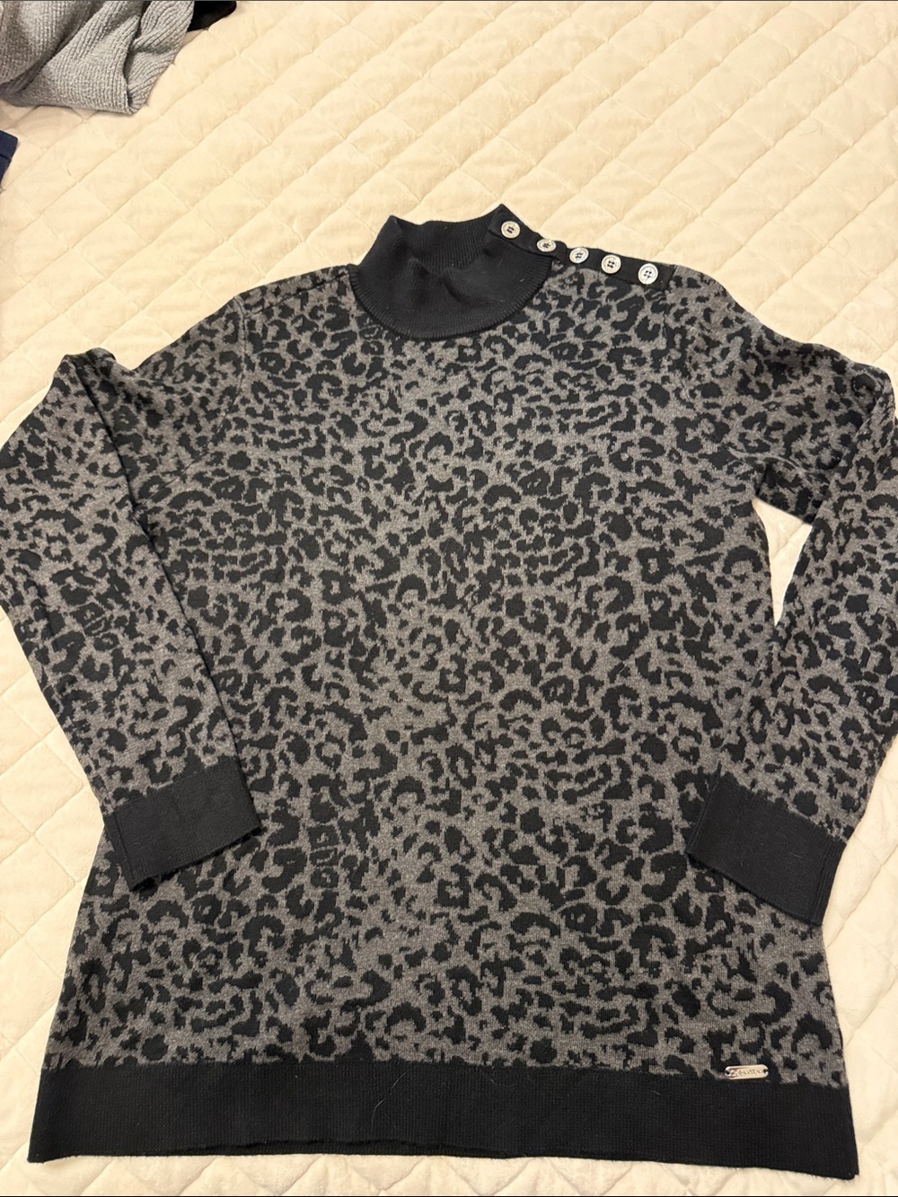Calvin Klein Gray and Black Leopard Mock Neck Sweater with Shoulder Buttons